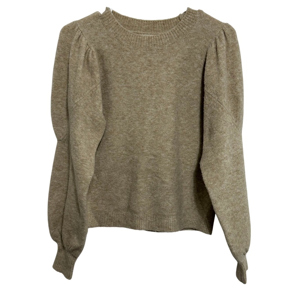 MNG Mango Sweater Womens Tan Wool Blend Puff Sleeve Crew Neck Knit Medium